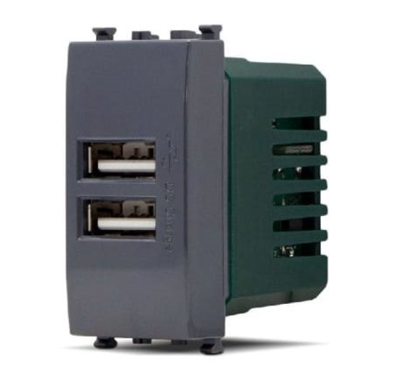 GEM 621N Doppia presa USB tipo A (5V-2A-265V) Nero Compatibile con serie Vimar Plana