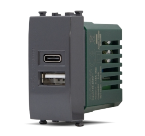 GEM 633N Presa Usb 5V=2.4A A+C Nero Compatibile VIMAR PLANA