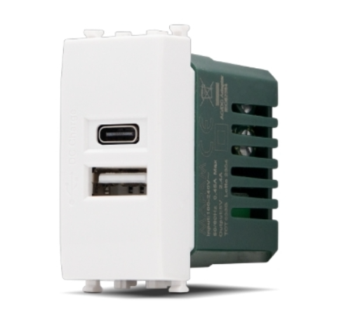 GEM 633B Presa Usb 5V=2.4A A+C Bianco Compatibile VIMAR PLANA