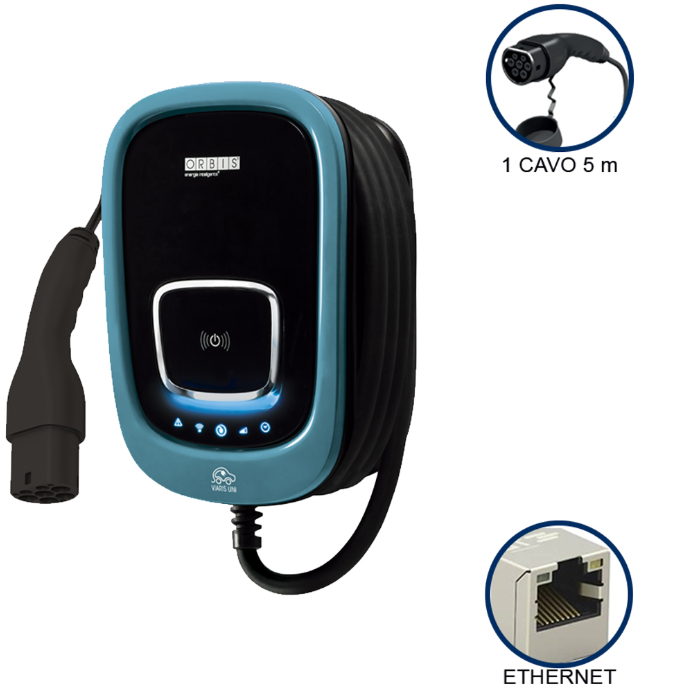 ORBIS OB94U220HA2 VIARIS UNI CT274ETH MONOFASE 7.4 kW 32A, 1 CAVO e CONNETTORE TIPO 2 WiFi + ethernet con lettore carte RFID