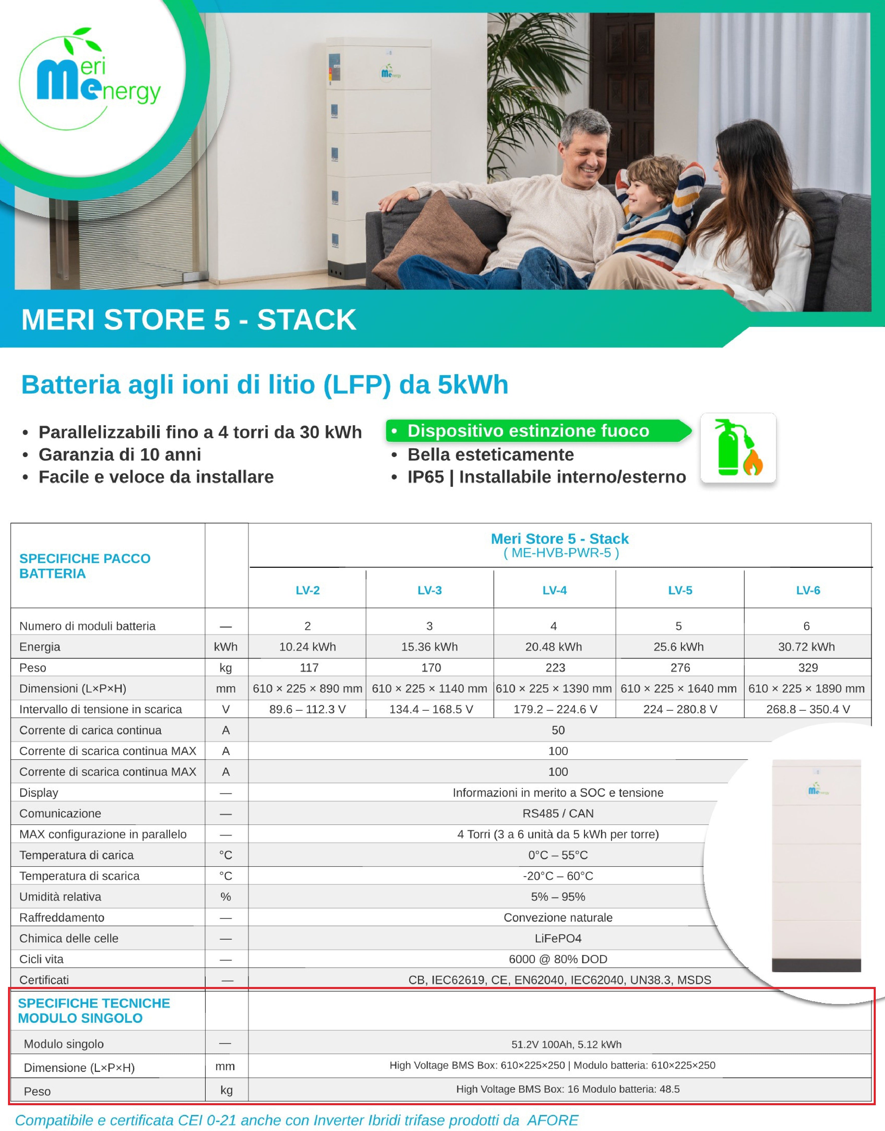 Meri Energy Batteria di accumulo 5kWh Impilabile ME-HVB-PWR-5 LV (LFO) Modulo singolo